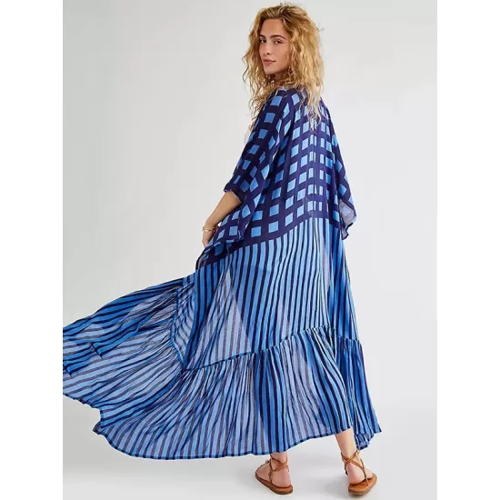 Plaid Chiffon Long-Sleeves Cover-Up Swimwear Plaid Chiffon Long-Sleeves Cover-Up Swimwear