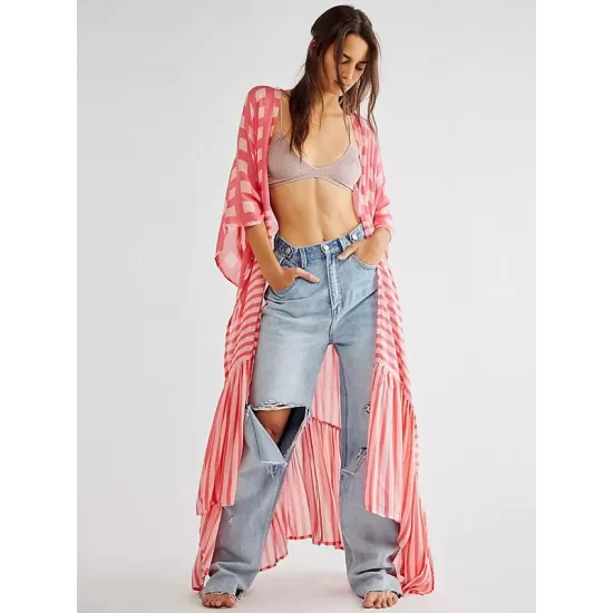Plaid Chiffon Long-Sleeves Cover-Up Swimwear Plaid Chiffon Long-Sleeves Cover-Up Swimwear