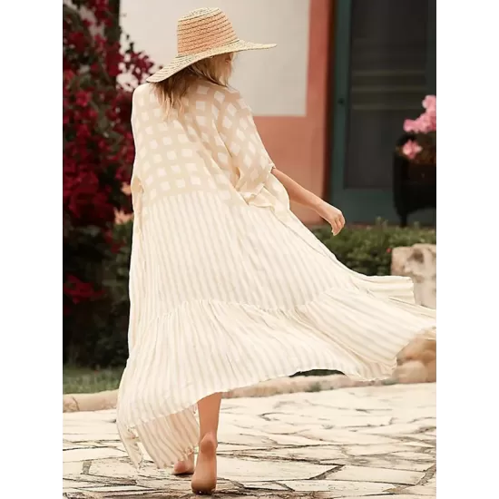 Plaid Chiffon Long-Sleeves Cover-Up Swimwear Plaid Chiffon Long-Sleeves Cover-Up Swimwear