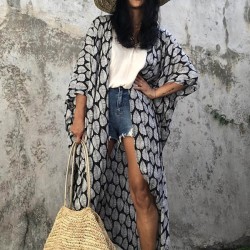 Leaves Printed Cardigan Half-Sleeves Cover-Up Swimwear
