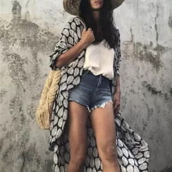 Leaves Printed Cardigan Half-Sleeves Cover-Up Swimwear