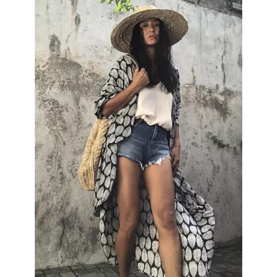 Leaves Printed Cardigan Half-Sleeves Cover-Up Swimwear Leaves Printed Cardigan Half-Sleeves Cover-Up Swimwear