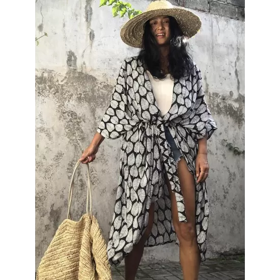 Leaves Printed Cardigan Half-Sleeves Cover-Up Swimwear Leaves Printed Cardigan Half-Sleeves Cover-Up Swimwear