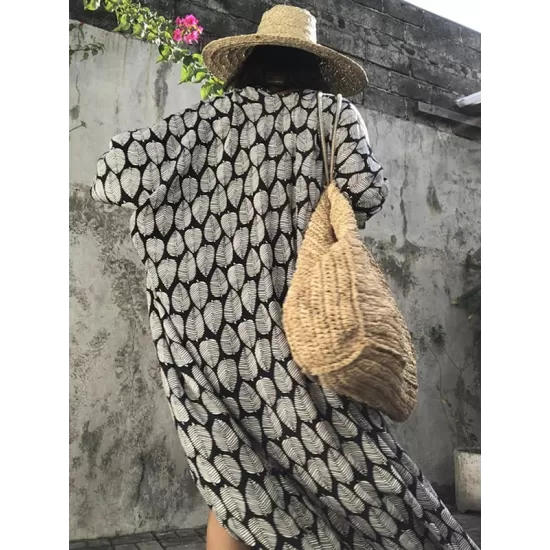 Leaves Printed Cardigan Half-Sleeves Cover-Up Swimwear Leaves Printed Cardigan Half-Sleeves Cover-Up Swimwear