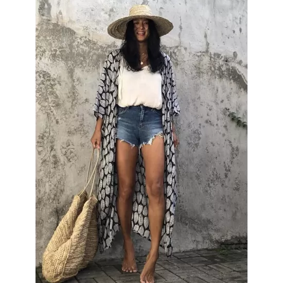 Leaves Printed Cardigan Half-Sleeves Cover-Up Swimwear Leaves Printed Cardigan Half-Sleeves Cover-Up Swimwear