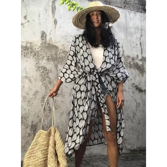 Leaves Printed Cardigan Half-Sleeves Cover-Up Swimwear Leaves Printed Cardigan Half-Sleeves Cover-Up Swimwear