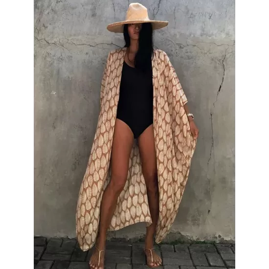 Leaves Printed Cardigan Half-Sleeves Cover-Up Swimwear Leaves Printed Cardigan Half-Sleeves Cover-Up Swimwear