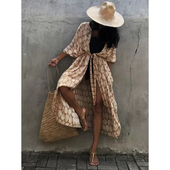 Leaves Printed Cardigan Half-Sleeves Cover-Up Swimwear Leaves Printed Cardigan Half-Sleeves Cover-Up Swimwear