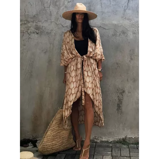 Leaves Printed Cardigan Half-Sleeves Cover-Up Swimwear Leaves Printed Cardigan Half-Sleeves Cover-Up Swimwear