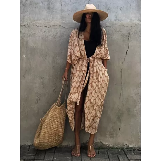 Leaves Printed Cardigan Half-Sleeves Cover-Up Swimwear Leaves Printed Cardigan Half-Sleeves Cover-Up Swimwear