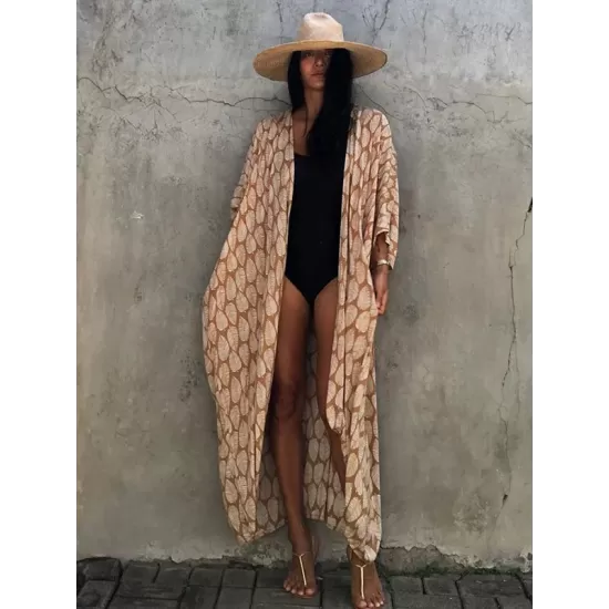 Leaves Printed Cardigan Half-Sleeves Cover-Up Swimwear Leaves Printed Cardigan Half-Sleeves Cover-Up Swimwear
