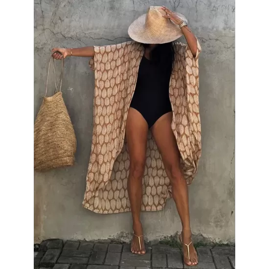 Leaves Printed Cardigan Half-Sleeves Cover-Up Swimwear Leaves Printed Cardigan Half-Sleeves Cover-Up Swimwear