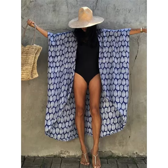 Leaves Printed Cardigan Half-Sleeves Cover-Up Swimwear Leaves Printed Cardigan Half-Sleeves Cover-Up Swimwear