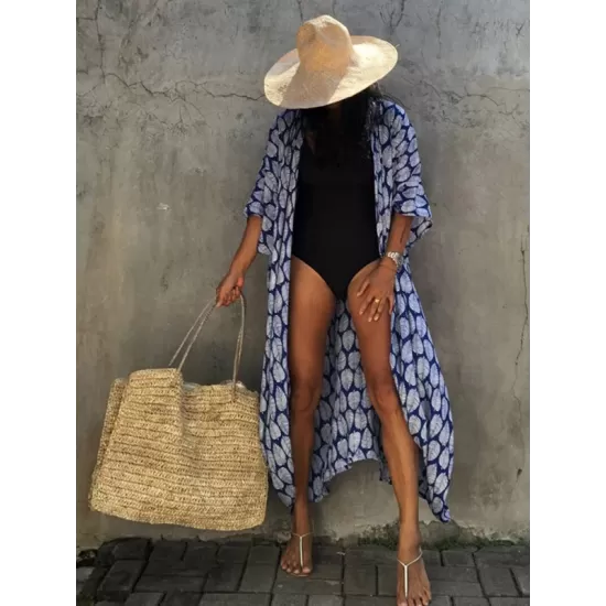 Leaves Printed Cardigan Half-Sleeves Cover-Up Swimwear Leaves Printed Cardigan Half-Sleeves Cover-Up Swimwear
