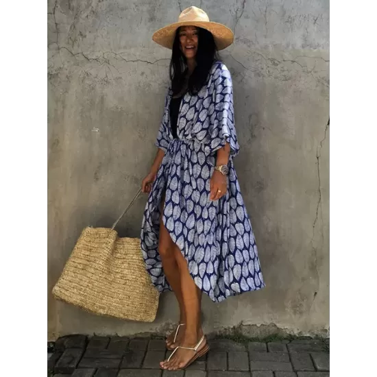 Leaves Printed Cardigan Half-Sleeves Cover-Up Swimwear Leaves Printed Cardigan Half-Sleeves Cover-Up Swimwear