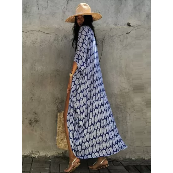 Leaves Printed Cardigan Half-Sleeves Cover-Up Swimwear Leaves Printed Cardigan Half-Sleeves Cover-Up Swimwear