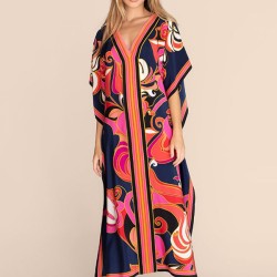 Short Sleeve Floral V-Neck Long Gown Cover-Up Swimwear