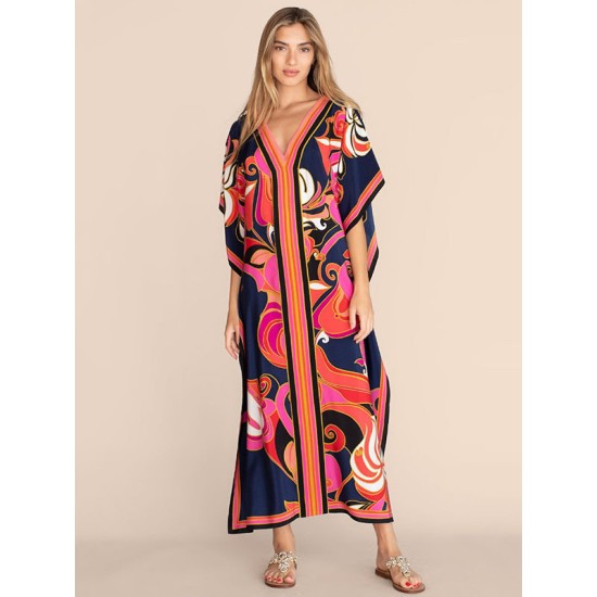 Short Sleeve Floral V-Neck Long Gown Cover-Up Swimwear Short Sleeve Floral V-Neck Long Gown Cover-Up Swimwear