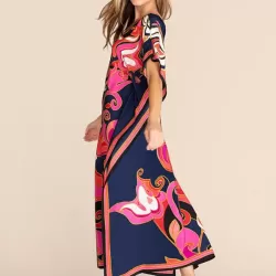Short Sleeve Floral V-Neck Long Gown Cover-Up Swimwear