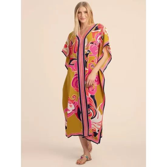 Short Sleeve Floral V-Neck Long Gown Cover-Up Swimwear Short Sleeve Floral V-Neck Long Gown Cover-Up Swimwear