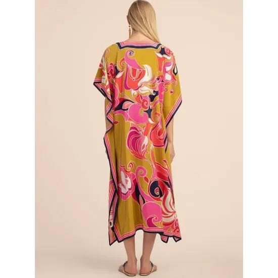 Short Sleeve Floral V-Neck Long Gown Cover-Up Swimwear Short Sleeve Floral V-Neck Long Gown Cover-Up Swimwear