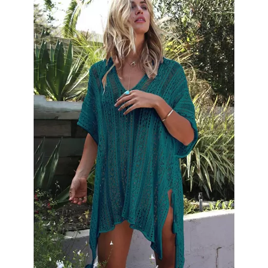 Loose Hollow Vacation Half Sleeve V Neck Beach Cover-Ups Loose Hollow Vacation Half Sleeve V Neck Beach Cover-Ups