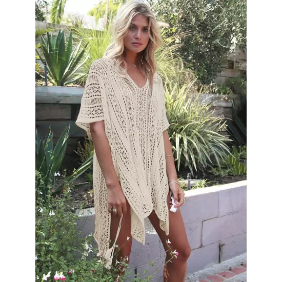 Loose Hollow Vacation Half Sleeve V Neck Beach Cover-Ups Loose Hollow Vacation Half Sleeve V Neck Beach Cover-Ups