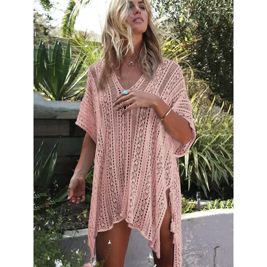Loose Hollow Vacation Half Sleeve V Neck Beach Cover-Ups Loose Hollow Vacation Half Sleeve V Neck Beach Cover-Ups