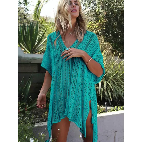 Loose Hollow Vacation Half Sleeve V Neck Beach Cover-Ups Loose Hollow Vacation Half Sleeve V Neck Beach Cover-Ups