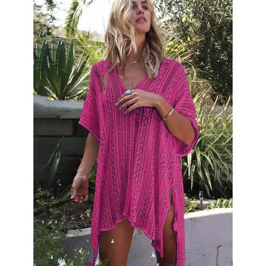 Loose Hollow Vacation Half Sleeve V Neck Beach Cover-Ups Loose Hollow Vacation Half Sleeve V Neck Beach Cover-Ups