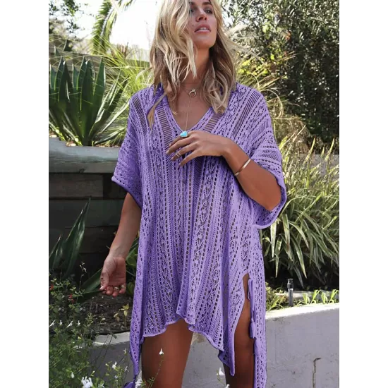 Loose Hollow Vacation Half Sleeve V Neck Beach Cover-Ups Loose Hollow Vacation Half Sleeve V Neck Beach Cover-Ups
