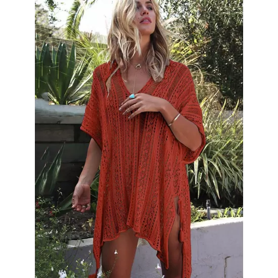 Loose Hollow Vacation Half Sleeve V Neck Beach Cover-Ups Loose Hollow Vacation Half Sleeve V Neck Beach Cover-Ups