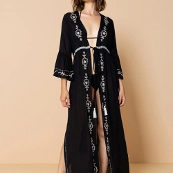 Embroidered And Lace-Up Long Sleeves Cover-Ups Tops