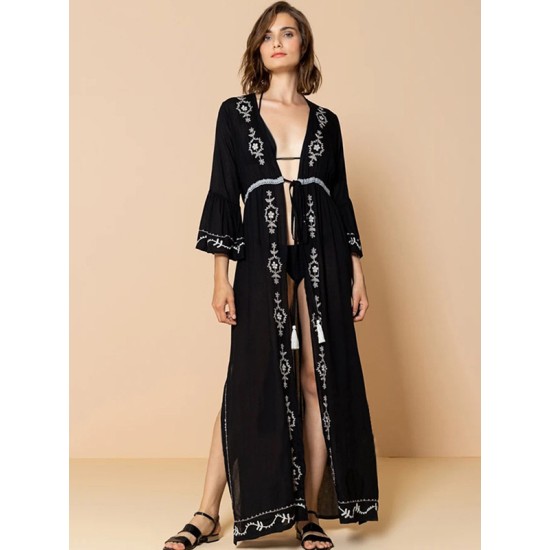 Embroidered And Lace-Up Long Sleeves Cover-Ups Tops Embroidered And Lace-Up Long Sleeves Cover-Ups Tops