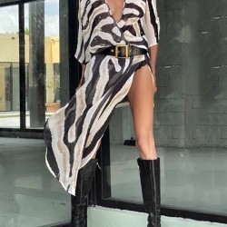 Sexy Zebra Pattern  Half Sleeve Wide Belt Cover-Ups Tops