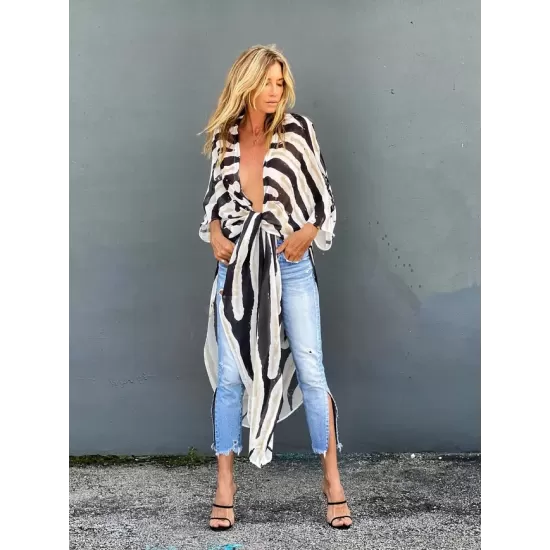 Sexy Zebra Pattern Half Sleeve Wide Belt Cover-Ups Tops Sexy Zebra Pattern Half Sleeve Wide Belt Cover-Ups Tops