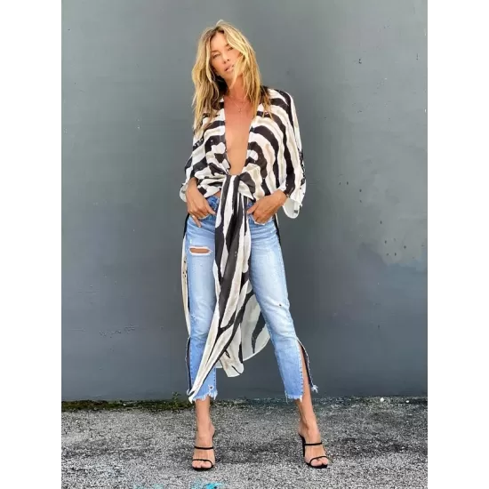 Sexy Zebra Pattern Half Sleeve Wide Belt Cover-Ups Tops Sexy Zebra Pattern Half Sleeve Wide Belt Cover-Ups Tops