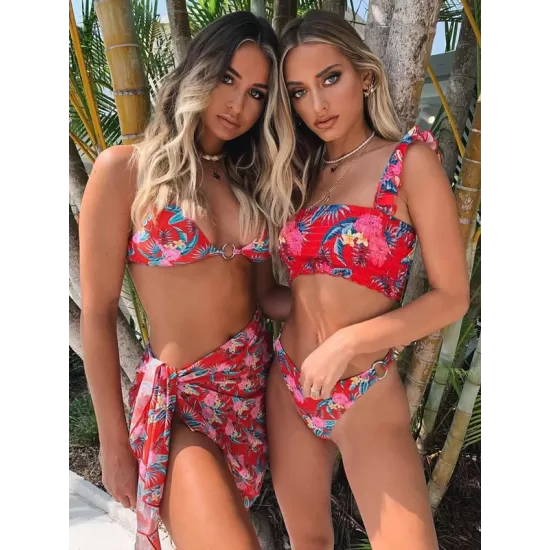 Three-Piece Floral Print Bandage Tie Side Bikini Swimwear Three-Piece Floral Print Bandage Tie Side Bikini Swimwear