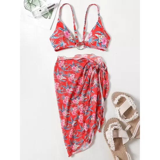 Three-Piece Floral Print Bandage Tie Side Bikini Swimwear Three-Piece Floral Print Bandage Tie Side Bikini Swimwear