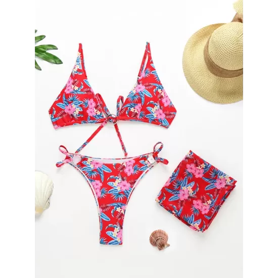 Three-Piece Floral Print Bandage Tie Side Bikini Swimwear Three-Piece Floral Print Bandage Tie Side Bikini Swimwear