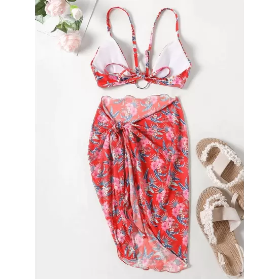Three-Piece Floral Print Bandage Tie Side Bikini Swimwear Three-Piece Floral Print Bandage Tie Side Bikini Swimwear
