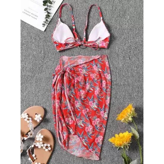 Three-Piece Floral Print Bandage Tie Side Bikini Swimwear Three-Piece Floral Print Bandage Tie Side Bikini Swimwear
