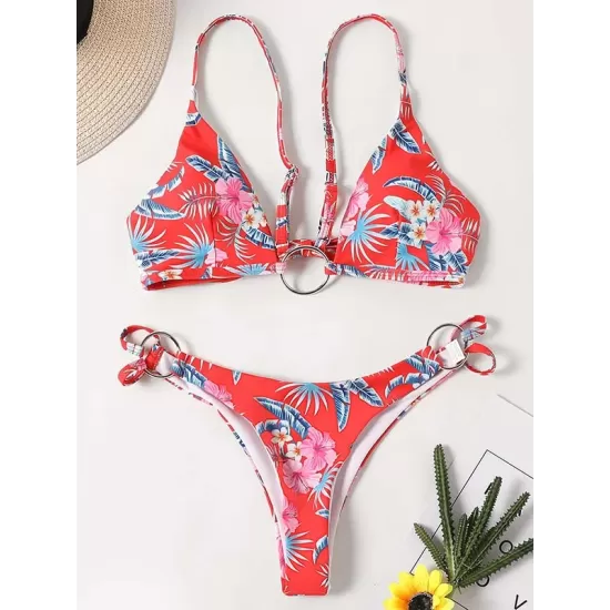 Three-Piece Floral Print Bandage Tie Side Bikini Swimwear Three-Piece Floral Print Bandage Tie Side Bikini Swimwear