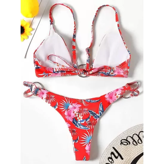Three-Piece Floral Print Bandage Tie Side Bikini Swimwear Three-Piece Floral Print Bandage Tie Side Bikini Swimwear