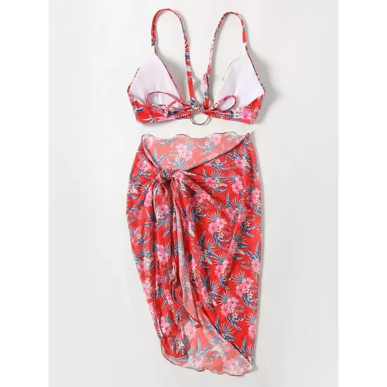 Three-Piece Floral Print Bandage Tie Side Bikini Swimwear Three-Piece Floral Print Bandage Tie Side Bikini Swimwear