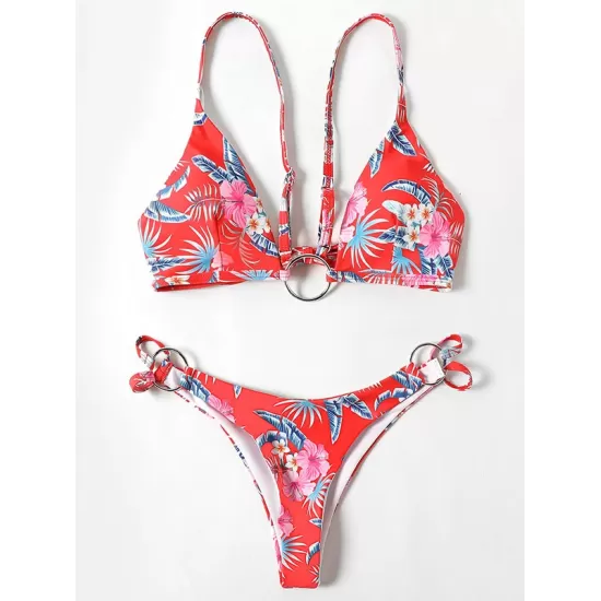 Three-Piece Floral Print Bandage Tie Side Bikini Swimwear Three-Piece Floral Print Bandage Tie Side Bikini Swimwear
