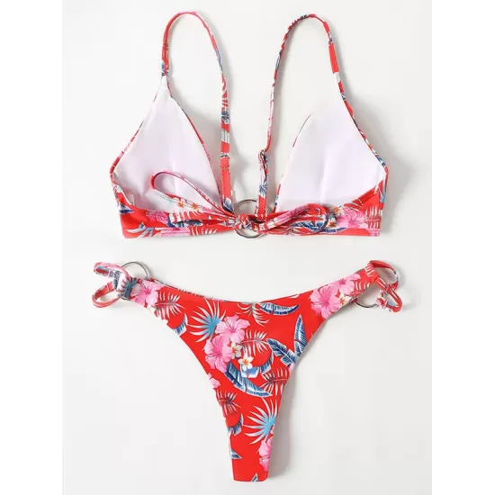 Three-Piece Floral Print Bandage Tie Side Bikini Swimwear Three-Piece Floral Print Bandage Tie Side Bikini Swimwear