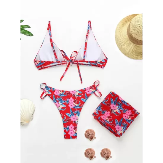 Three-Piece Floral Print Bandage Tie Side Bikini Swimwear Three-Piece Floral Print Bandage Tie Side Bikini Swimwear