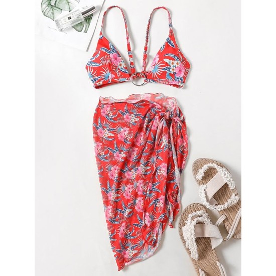 Three-Piece Floral Print Bandage Tie Side Bikini Swimwear Three-Piece Floral Print Bandage Tie Side Bikini Swimwear