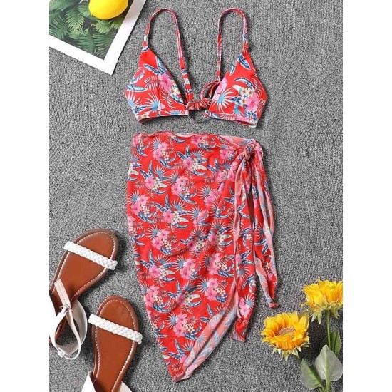 Three-Piece Floral Print Bandage Tie Side Bikini Swimwear Three-Piece Floral Print Bandage Tie Side Bikini Swimwear